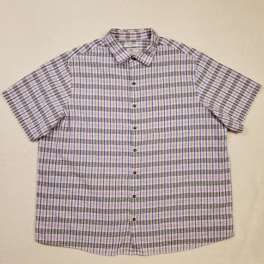 Oak Hill Button Up Seersucker Shirt Mens 1XL Blue Pink Plaid Short Sleeve DXL